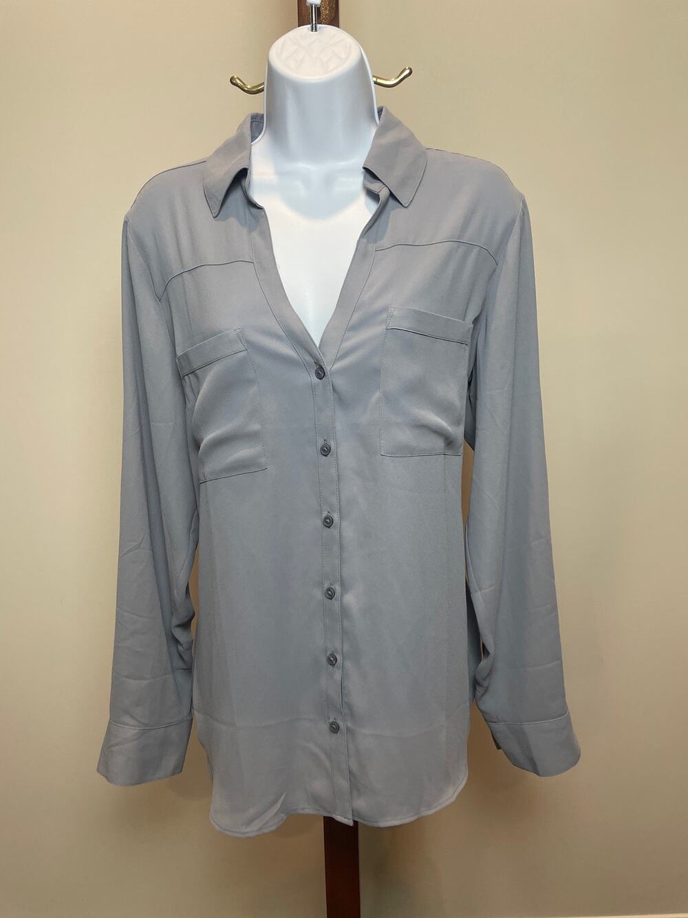 Express Size L Chiffon Button‑Up Shirt Gray Semi‑Sheer Lightweight NWT
